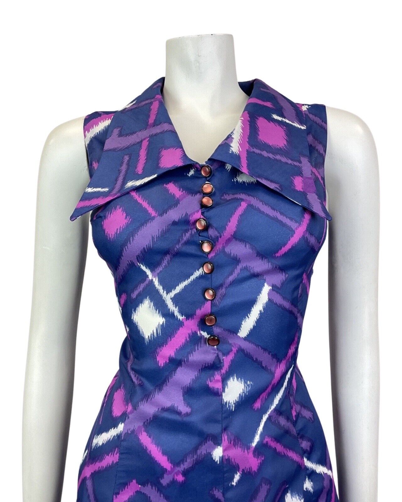 VTG 60s 70s BLUE PURPLE PINK STRIPED GEOMETRIC WING COLLAR MOD SWING DRESS 10 12