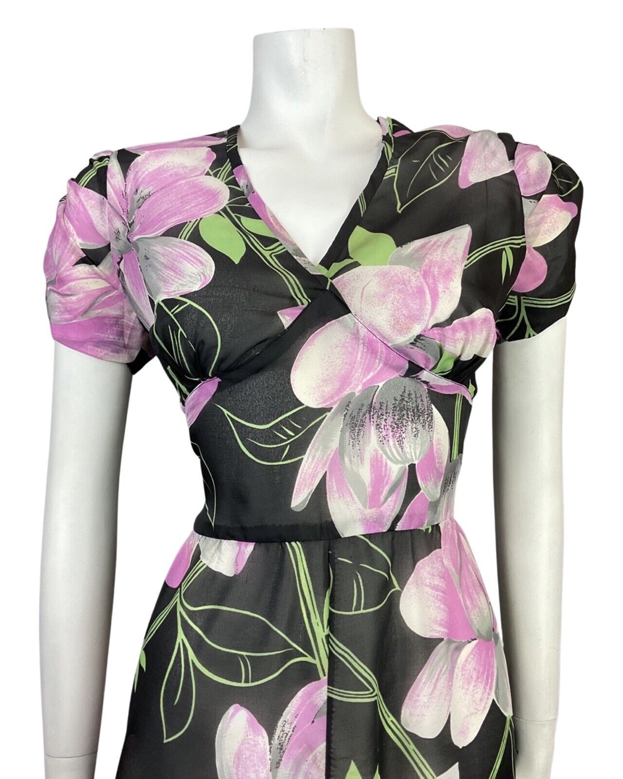 VINTAGE 60s 70s BLACK GREY PURPLE FLORAL SHEER SWING DRESS 12