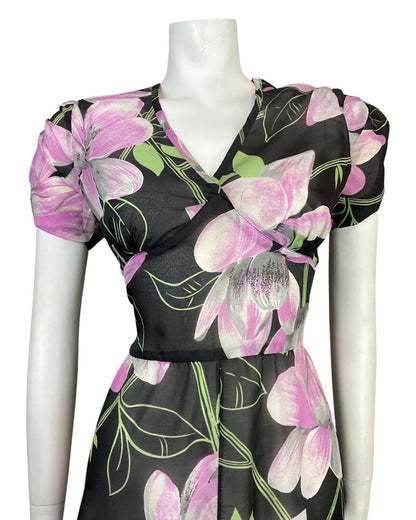 VINTAGE 60s 70s BLACK GREY PURPLE FLORAL SHEER SWING DRESS 12