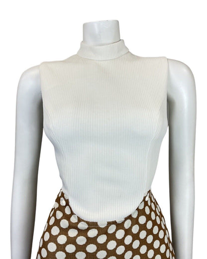 VINTAGE 60s 70s BROWN WHITE POLKA DOT MOD SLEEVELESS SUMMER DRESS 8 10