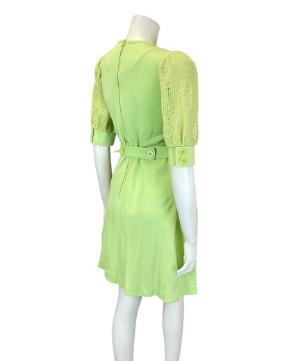 VINTAGE 60s 70s LIME GREEN CROCHETED KNITTED MOD PUFF SLEEVE SHORT DRESS 8 10
