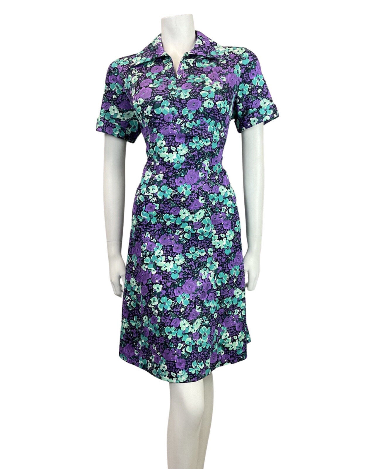 VINTAGE 60s 70s PURPLE BLUE MINT FLORAL DITSY PSYCHEDELIC MOD SHIRT DRESS 14 16