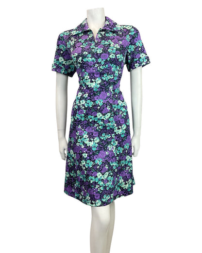 VINTAGE 60s 70s PURPLE BLUE MINT FLORAL DITSY PSYCHEDELIC MOD SHIRT DRESS 14 16