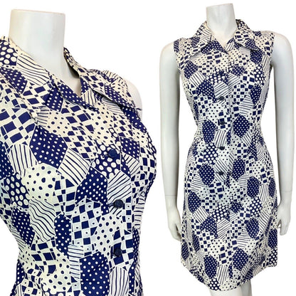 VINTAGE 60s 70s NAVY BLUE WHITE PATCHWORK PSYCHEDELIC MOD DAGGER SHIRT DRESS 10