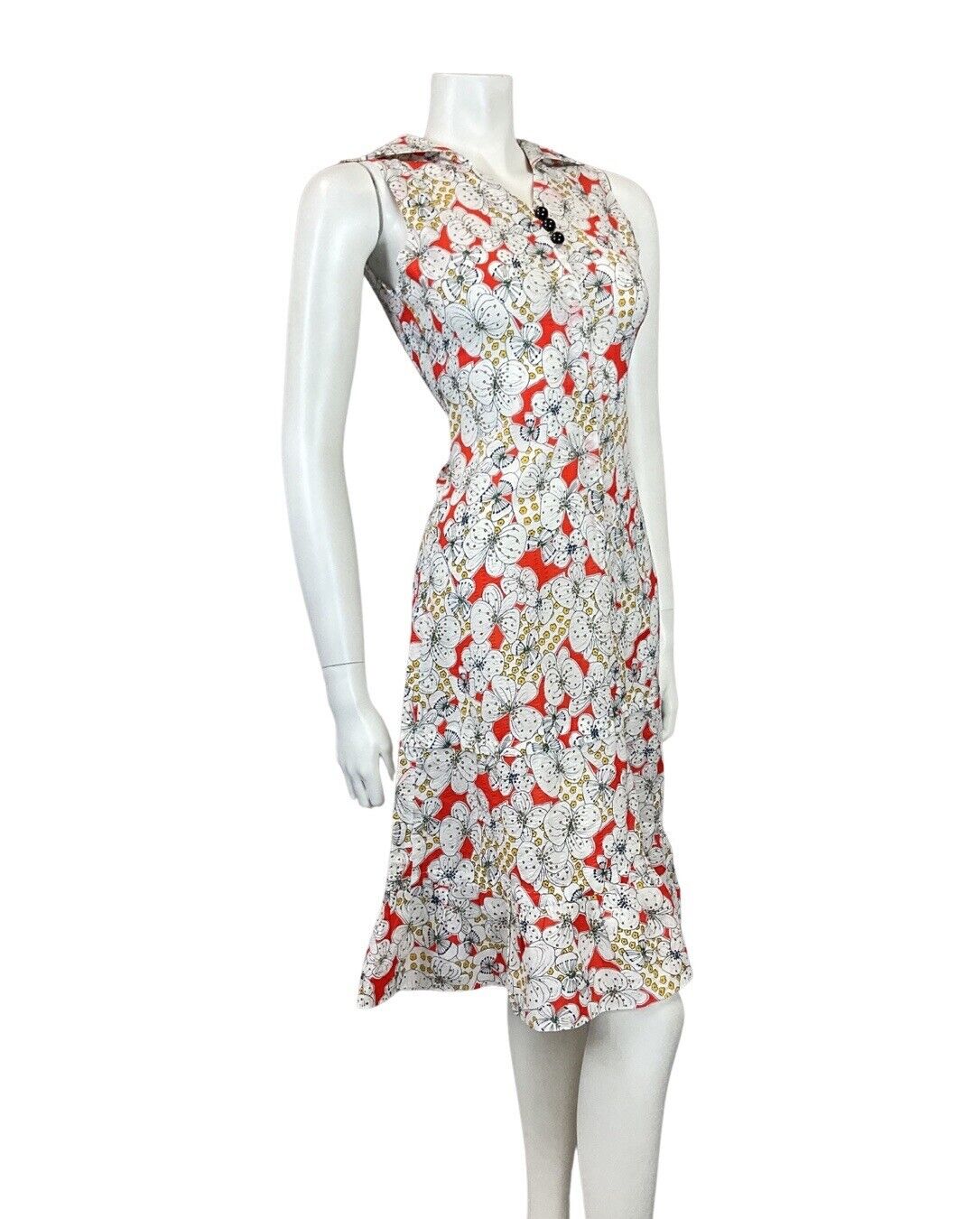 VINTAGE 60s 70s RED WHITE BLACK FLORAL PSYCH DROP-WAIST DAGGER SHIRT DRESS 8