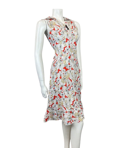 VINTAGE 60s 70s RED WHITE BLACK FLORAL PSYCH DROP-WAIST DAGGER SHIRT DRESS 8