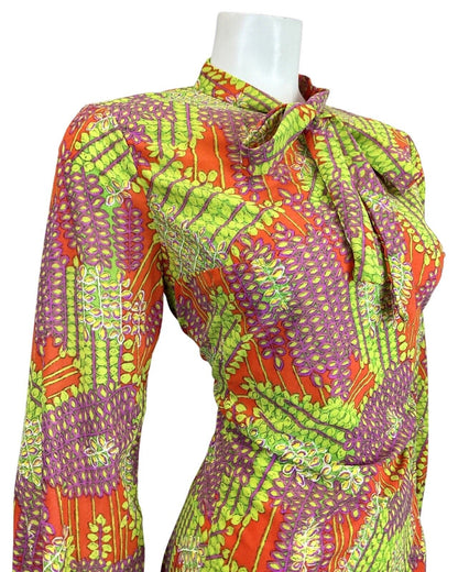 VINTAGE 60s 70s ORANGE GREEN PURPLE PSYCHEDELIC VINE LEAFY BOW MOD DRESS 12 14