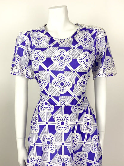 VINTAGE 60s 70s PURPLE WHITE LACE GEOMETRIC CHECKED MOD SWING DRESS 10 12