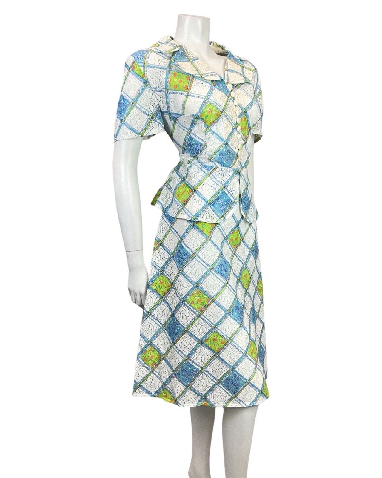 VINTAGE 60s 70s WHITE BLUE GREEN CHECKED FLORAL PELUM LACE DRESS 16