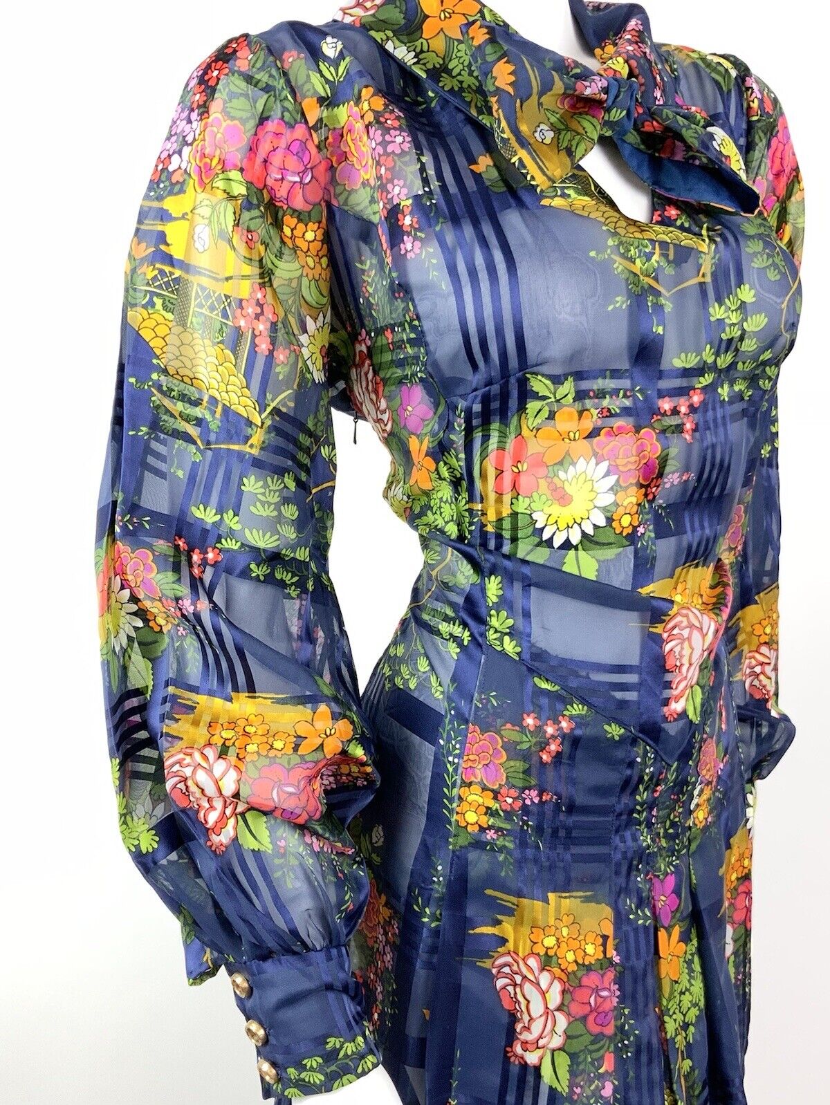 VTG 60s 70s BLUE PINK YELLOW GREEN FLORAL PLAID PUSSYBOW SHEER SHIRT DRESS 14 16