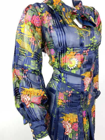 VTG 60s 70s BLUE PINK YELLOW GREEN FLORAL PLAID PUSSYBOW SHEER SHIRT DRESS 14 16