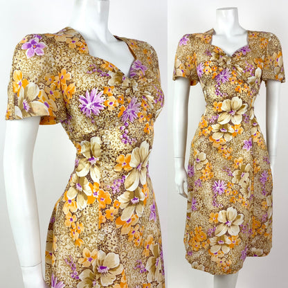 VTG 60s 70s CREAM BROWN PURPLE ORANGE FLORAL DITSY SWEETHEART TEA DRESS 10 12
