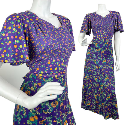 VINTAGE 60s 70s PURPLE PINK GREEN FLORAL DITSY CAPE SLEEVE MOD MAXI DRESS 10 12