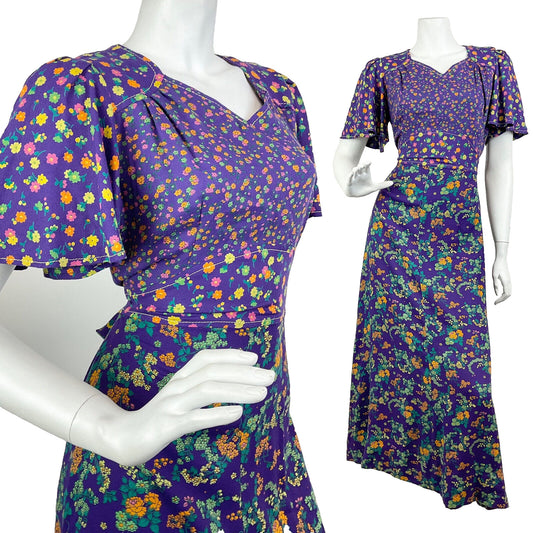 VINTAGE 60s 70s PURPLE PINK GREEN FLORAL DITSY CAPE SLEEVE MOD MAXI DRESS 10 12