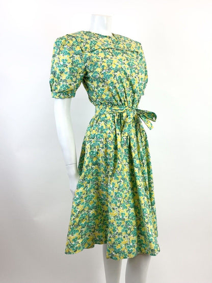 VINTAGE 60s 70s GREEN YELLOW WHITE FLORAL DITSY PRAIRIE FOLK SWING DRESS 8 10