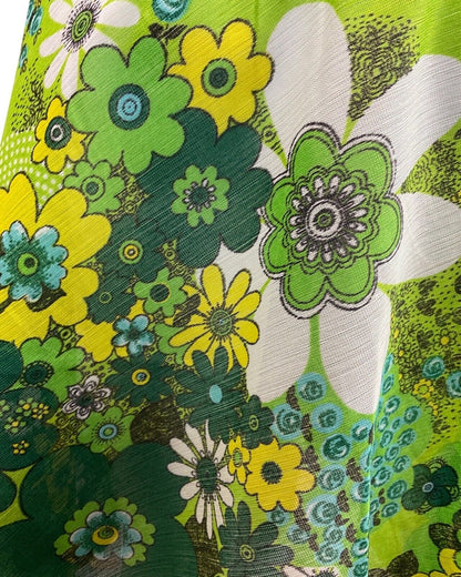 VTG 60s 70s GREEN LIME FOREST FLORAL PSYCHEDELIC DROP WAIST SHIRT DRESS 12 14