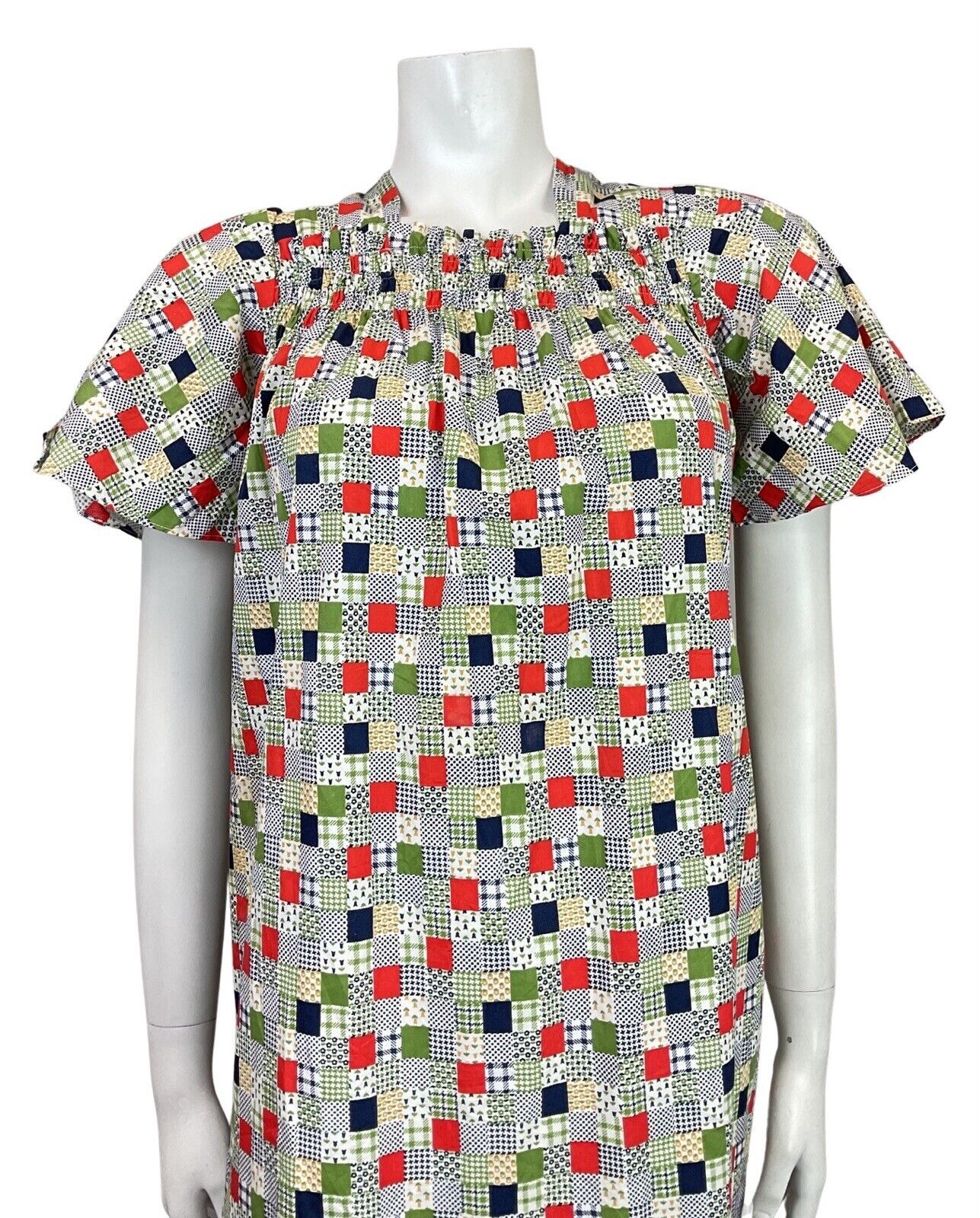 VINTAGE 60s 70s WHITE BLUE GREEN PATCHWORK FLORAL GINGHAM TENT A-LINE DRESS 6 8