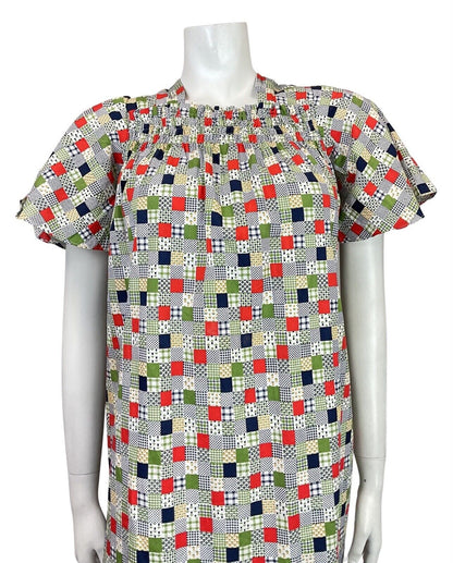 VINTAGE 60s 70s WHITE BLUE GREEN PATCHWORK FLORAL GINGHAM TENT A-LINE DRESS 6 8