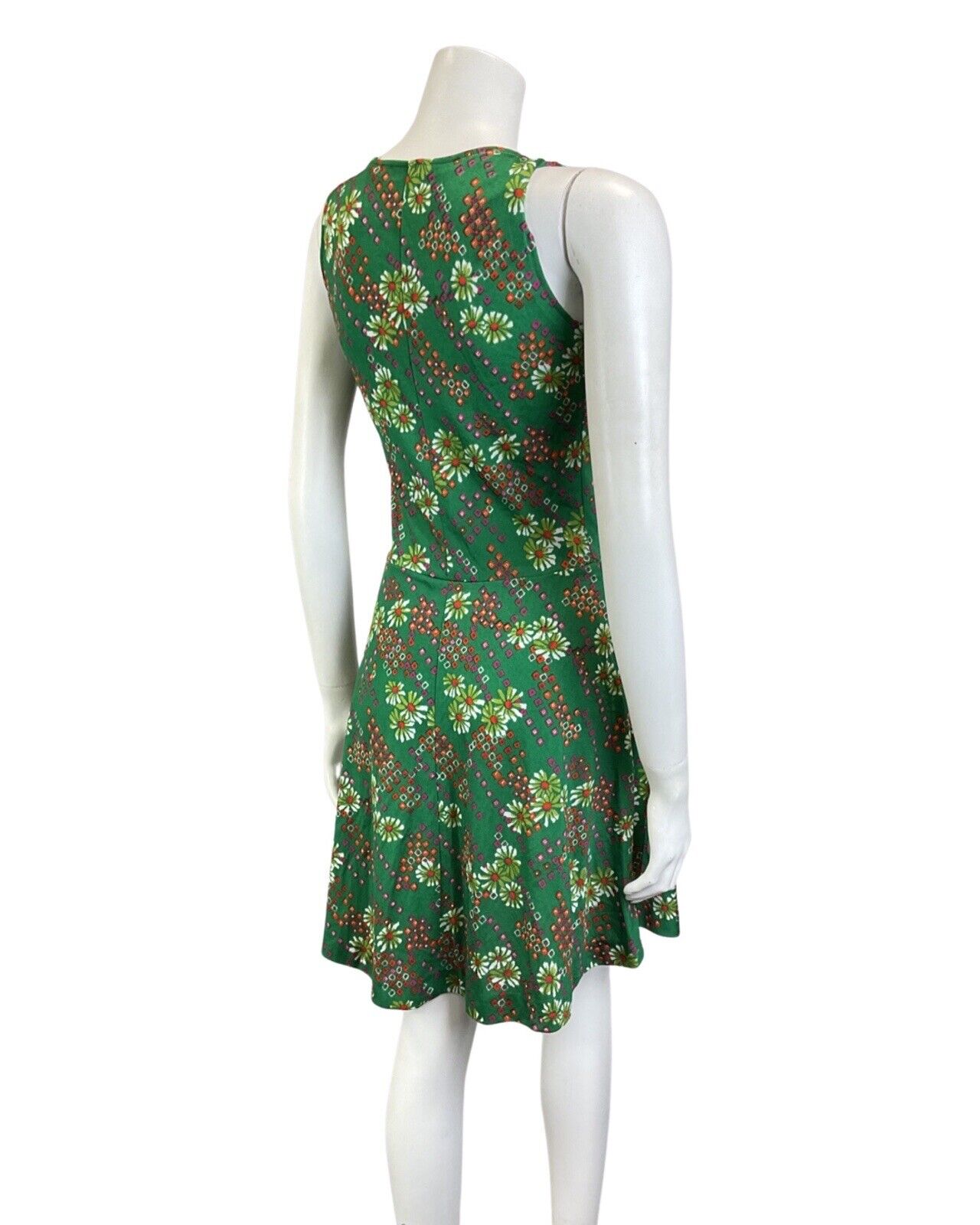 VINTAGE 60s 70s GREEN RED PURPLE DAISY FLOWER GEOMETRIC MOD SLEEVELESS DRESS 8