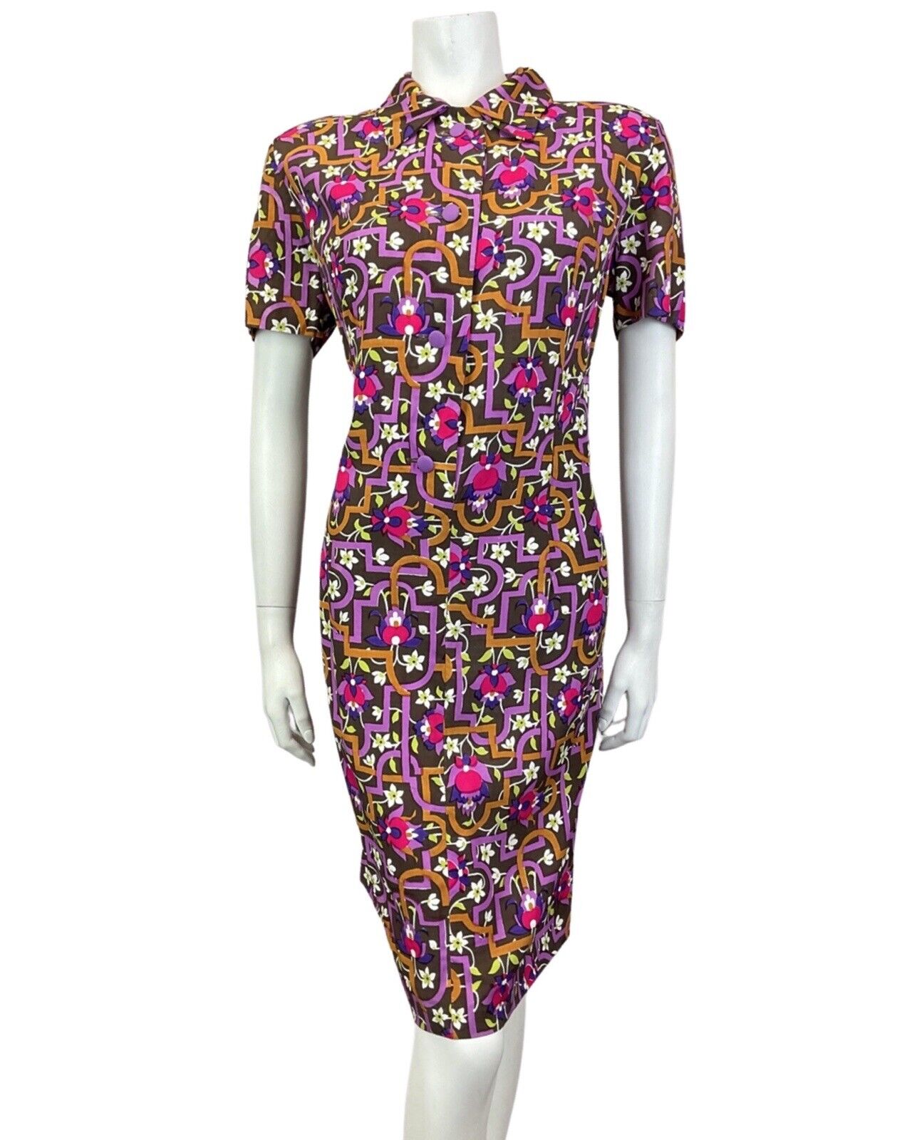 VINTAGE 60s 70s BROWN PURPLE WHITE GEOMETRIC FLORAL SHIRT DRESS 16 18