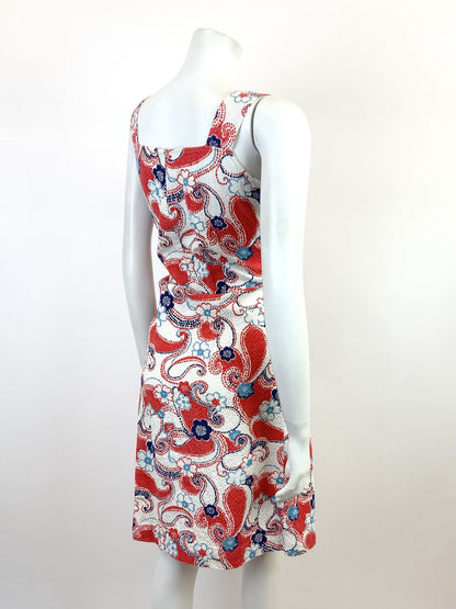 VTG 60s 70s WHITE RED BLUE FLORAL DOTTY PAISLEY PSYCHEDELIC MOD SUNDRESS 8 10