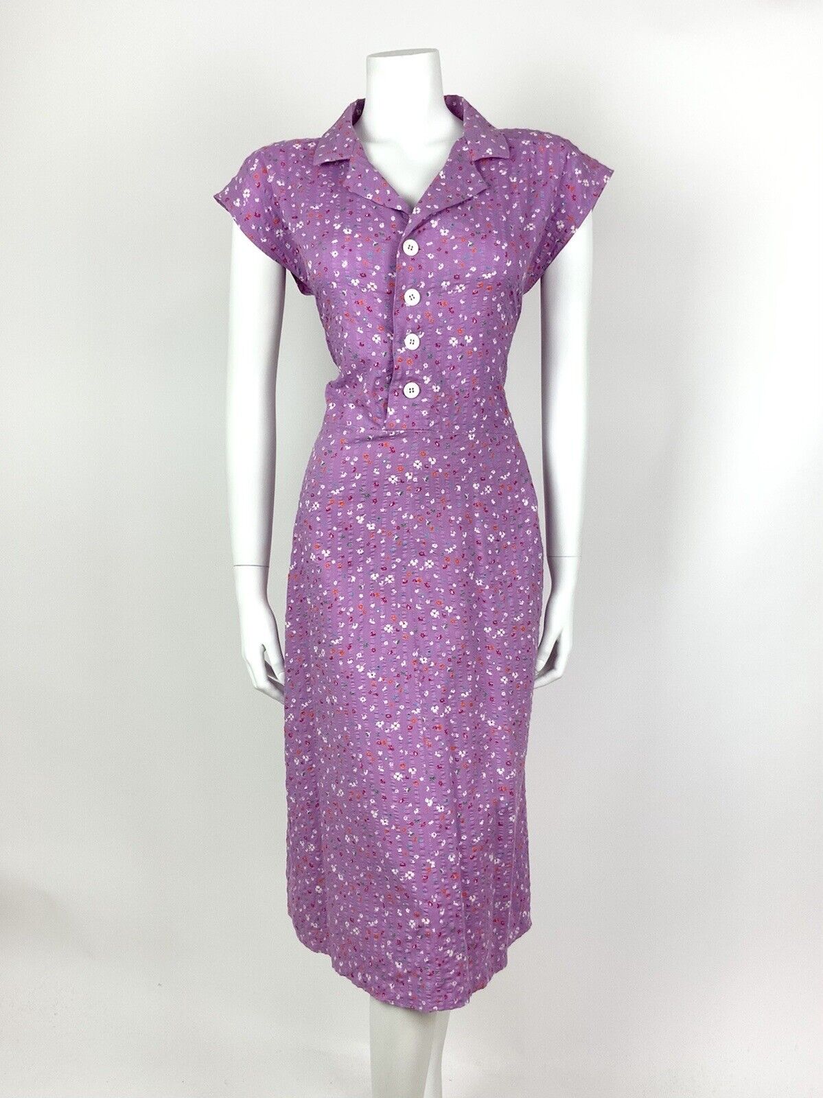 VINTAGE 70s PURPLE ORANGE WHITE BLUE DITSY FLORAL REVERS SHIRT DRESS 12