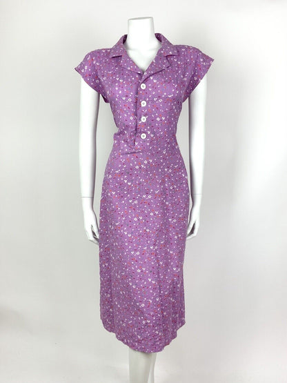 VINTAGE 70s PURPLE ORANGE WHITE BLUE DITSY FLORAL REVERS SHIRT DRESS 12