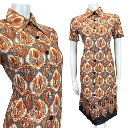 VINTAGE 60s 70s CREAM BLUE ORANGE PSYCHEDELIC FLORAL DAGGER SHIRT DRESS 10 12