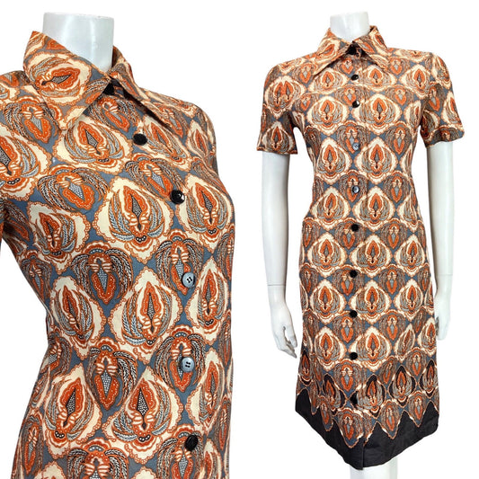 VINTAGE 60s 70s CREAM BLUE ORANGE PSYCHEDELIC FLORAL DAGGER SHIRT DRESS 10 12