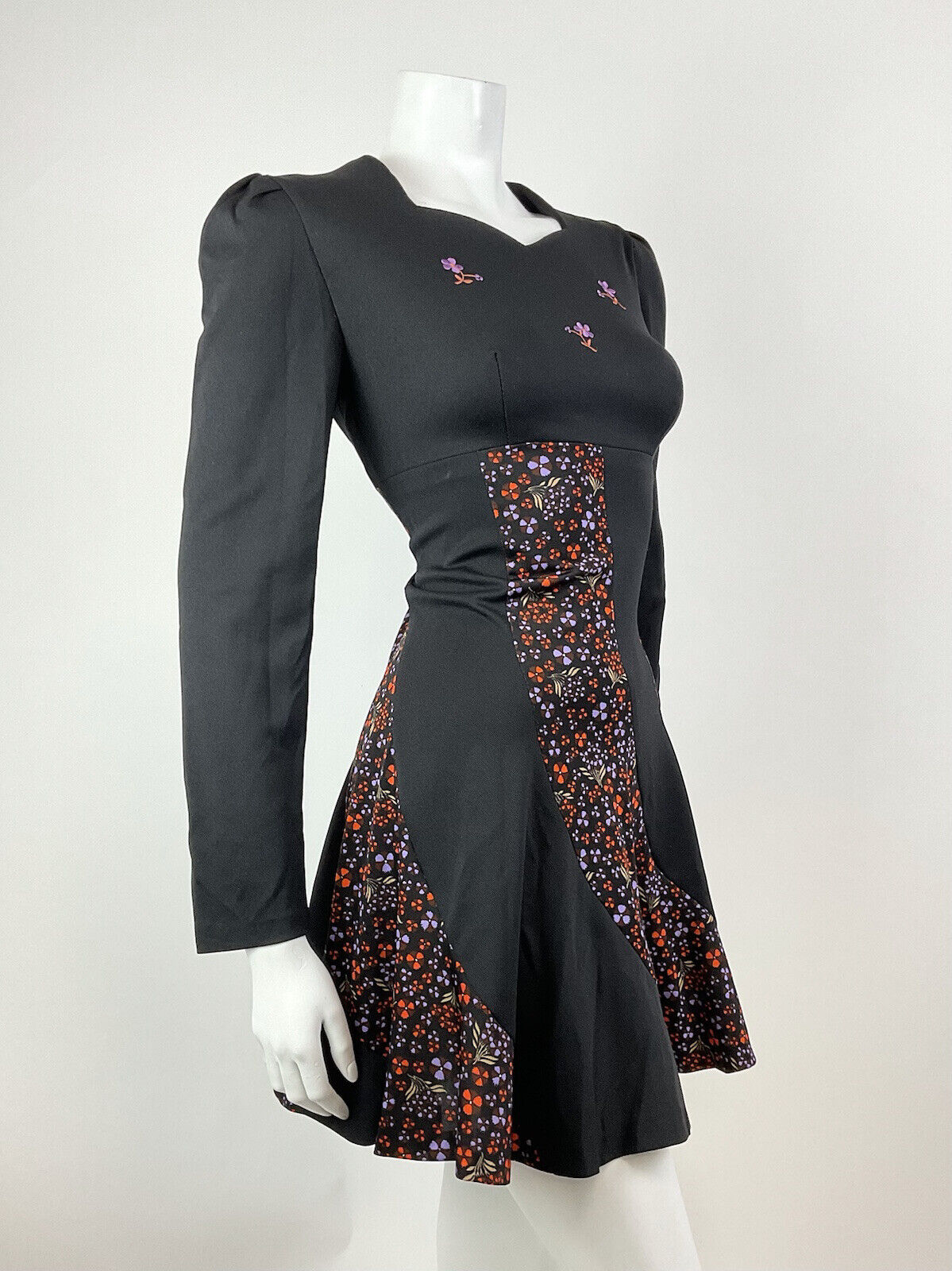 VINTAGE 60s 70s BLACK ORANGE PURPLE FLORAL EMBROIDERED MOD SKATER DRESS 10 12