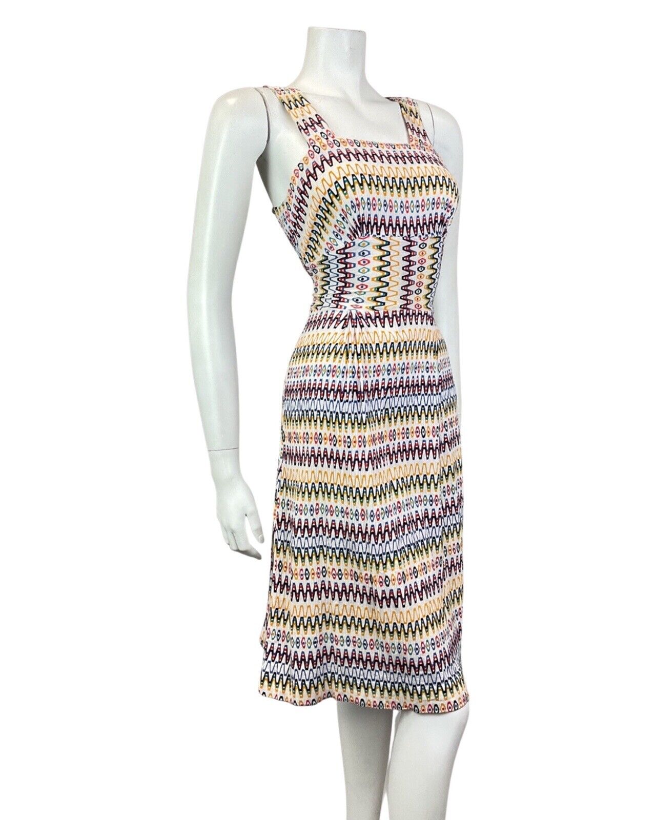 VINTAGE 60s 70s WHITE RED BLUE GREEN ZIG-ZAG GEOMETRIC SUMMER APRON DRESS 8