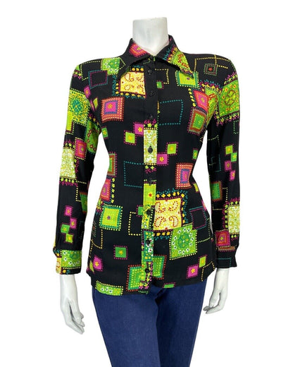 VINTAGE 60s 70s BLACK GREEN PINK PATCHWORK PAISLEY MOD DAGGER SHIRT 10 12