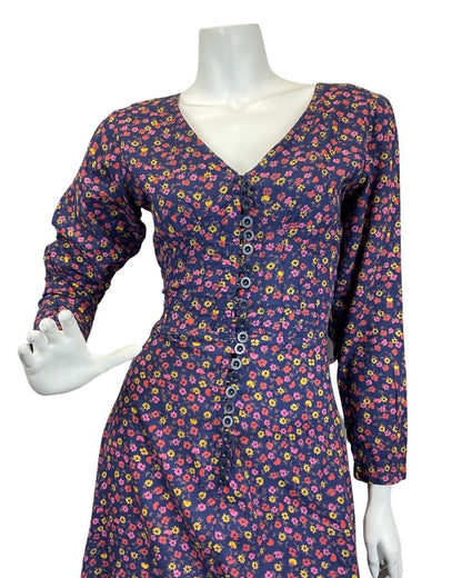 VINTAGE 60s 70s BLUE PINK YELLOW DITSY FLORAL PRAIRIE BOHO MAXI DRESS 10 12