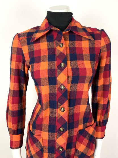 VINTAGE ORANGE RED BLUE CHECKED DAGGER COLLAR MOD WOOL COAT 8 10