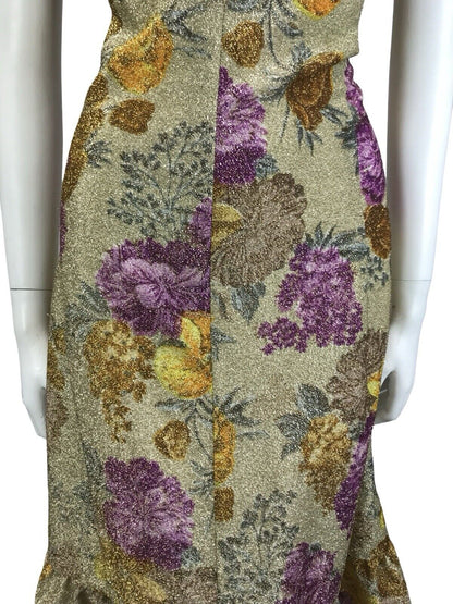 VTG 60S GOLD YELLOW PURPLE LUREX GLITTERING FLORAL V NECK PARTY DRESS 12 14 M
