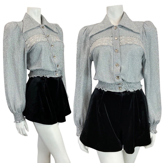 VINTAGE 60s 70s METALLIC SILVER FLORAL LACE STUDIO 54 DISCO DAGGER SHIRT 8 10