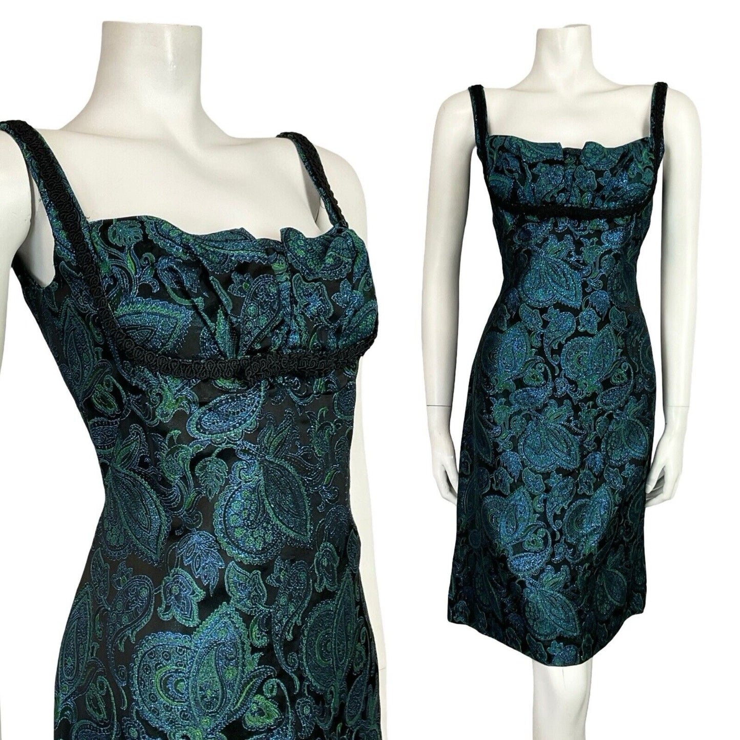 VTG 60S BLACK BLUE GREEN METALLIC PAISLEY FLORAL EMPIRE STRAPPY PARTY DRESS 8 10