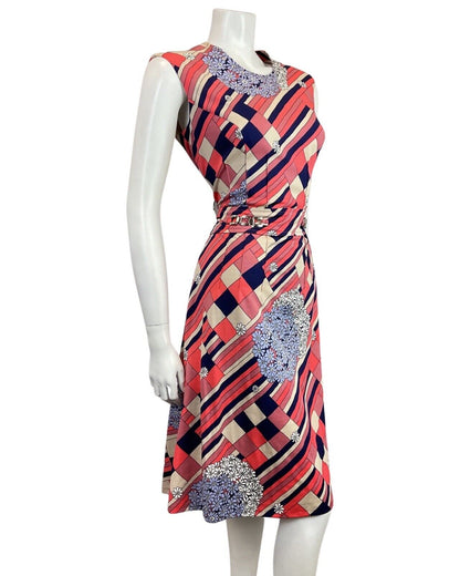 VINTAGE 60s 70s PINK BLUE CREAM GEOMETRIC FLORAL DAISY SLEEVELESS DRESS 12 14
