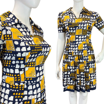 VINTAGE 60s 70s NAVY BLUE WHITE YELLOW GEOMETRIC MOD PLEATED DAGGER DRESS 16