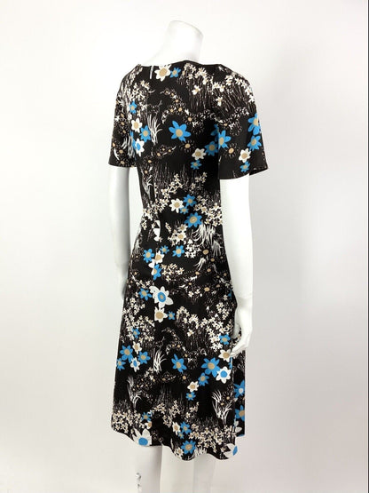 VINTAGE 60s 70s DARK BROWN WHITE BLUE FLORAL DAISY SUMMER DRESS 12
