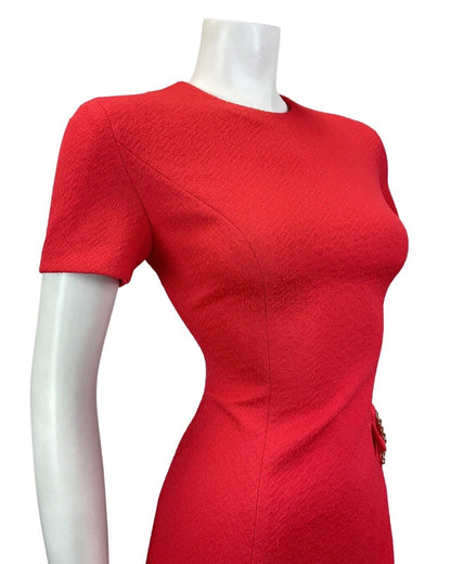 VINTAGE 60s 70s PILLARBOX RED SILVER CHAIN SHORT SLEEVE FITTED MOD DRESS 10