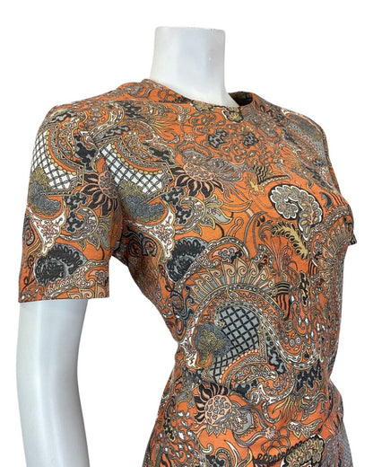 VINTAGE 60s 70s ORANGE GREY BLUE PSYCHEDELIC PAISLEY FLORAL DRESS 14 16