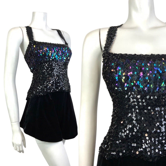 VINTAGE 70s 80s BLACK IRIDESCENT SEQUIN DISCO PARTY STRAPPY CROPPED TOP 14 16