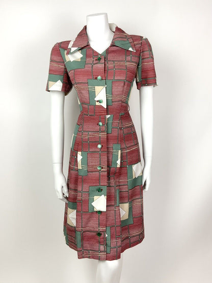 VINTAGE 60s 70s RED GREEN BEIGE WHITE GEOMETRIC STRIPED DAGGER SHIRT DRESS 12 14