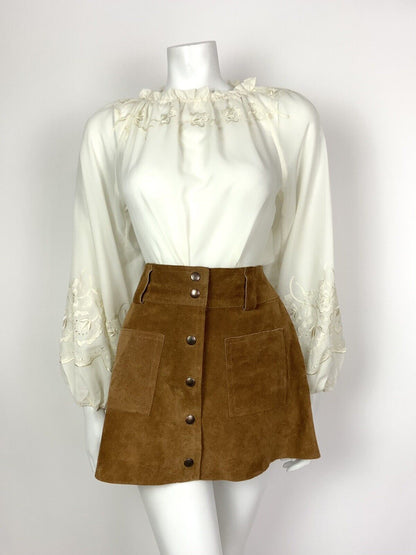 VTG 60s 70s CREAM EMBROIDERED FLORAL PUFF SLEEVE SHEER PEASANT BOHO TOP 8 10