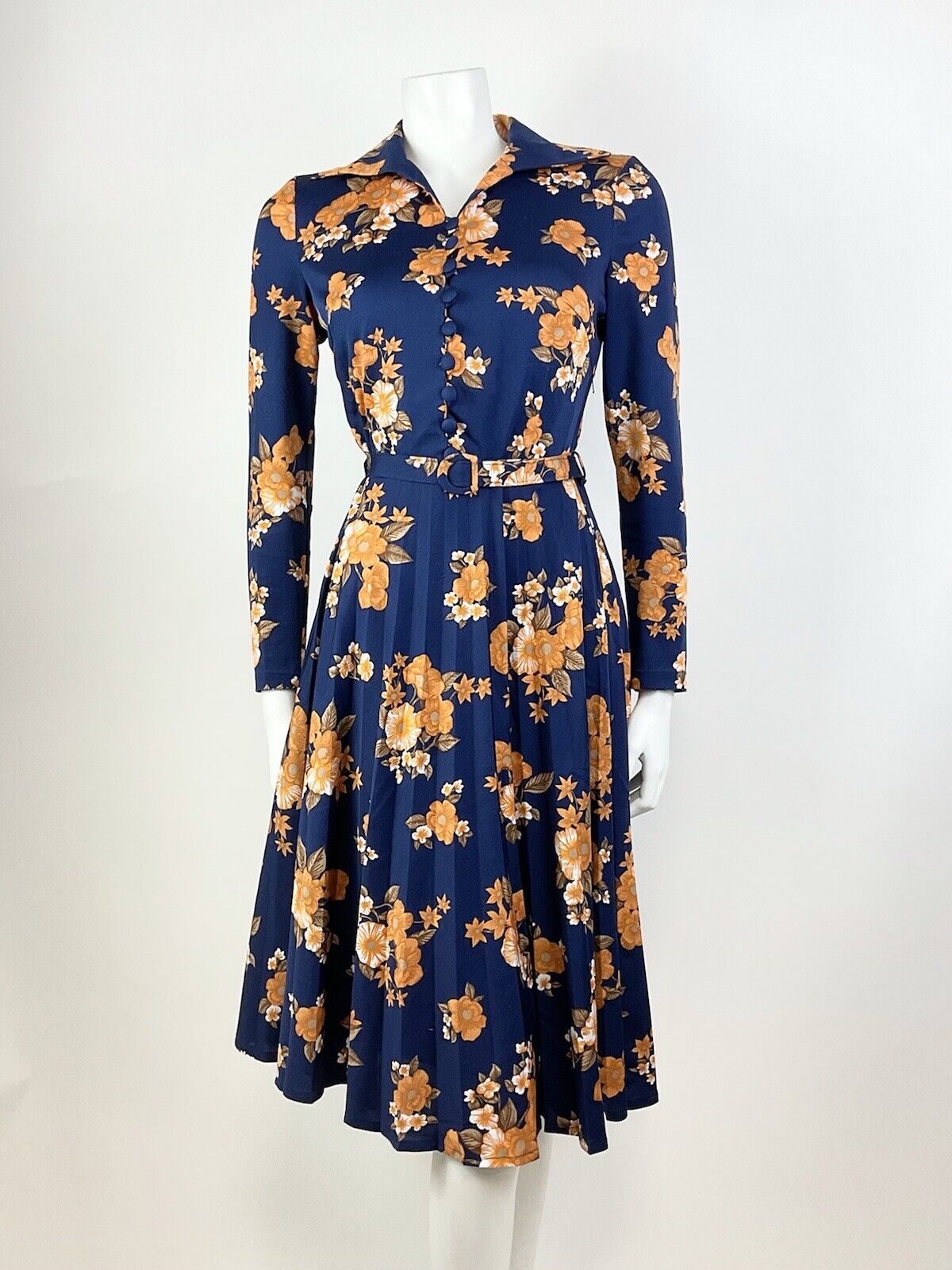 VTG 60s 70s BLUE ORANGE BROWN WHITE FLORAL PLEATED WING COLLAR SHIRT DRESS 12