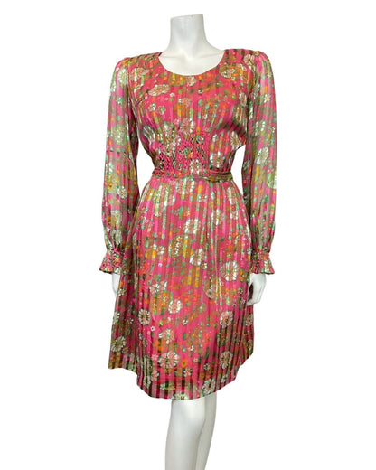 VINTAGE 60s 70s FUCHSIA PINK GREEN WHITE FLORAL STRIPED SHEER MOD DRESS 10 12
