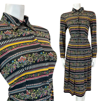 VINTAGE 60s 70s BLACK YELLOW BLUE STRIPED FLORAL MOD MIDI DAGGER SHIRT DRESS 10