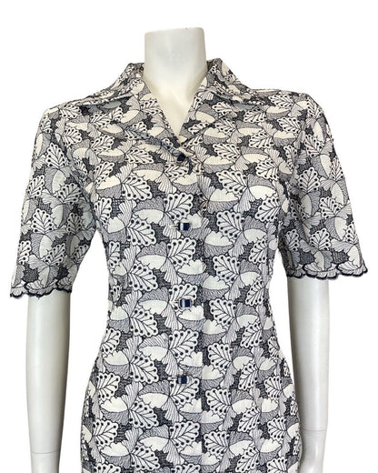 VINTAGE 60s 70s BLACK WHITE EMBROIDERED LEAFY FLORAL MOD SHIRT DRESS 12 14