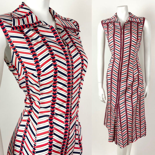 VINTAGE 60s 70s WHITE RED BLUE ZIG-ZAG GEOMETRIC DAGGER SHIRT MOD DRESS 12 14